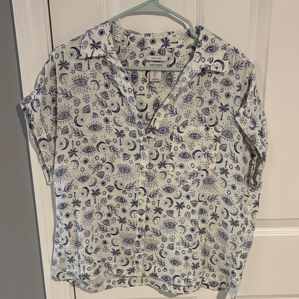 Woven Short-Sleeve Button-Up Top in White with Navy Print